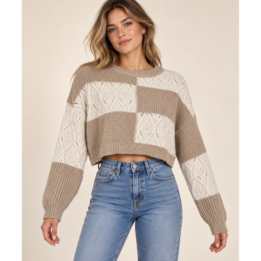 Altar'd State Sweater Crop Crewneck Boho Cream Oversized Cable Knit XS